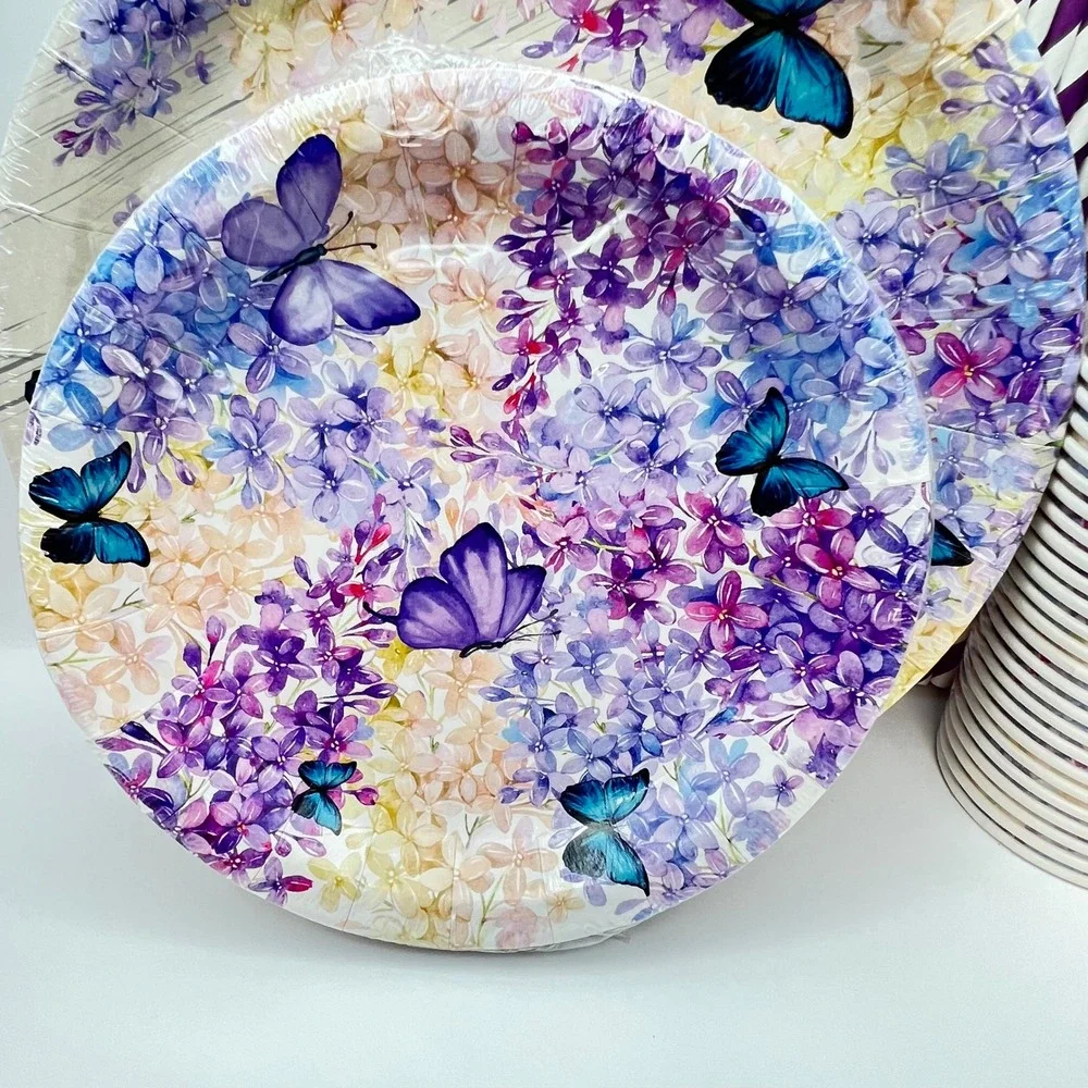 HIPVVILD Butterfly Theme Party Supplies Set Purple Floral Plates Cups Napkins